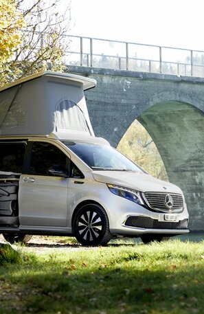 Mercedes-Benz EQV mit Campingausbau der Sortimo Walter Rüegg AG aus der Schweiz. | © Foto: Autoren-Union Mobilität/Mercedes-Benz